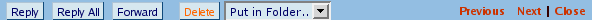 Hotmail's Reply, Reply All, Forward, and Delete buttons, and Next, Previous and Close links; this time the four links and the word "Delete" are orange